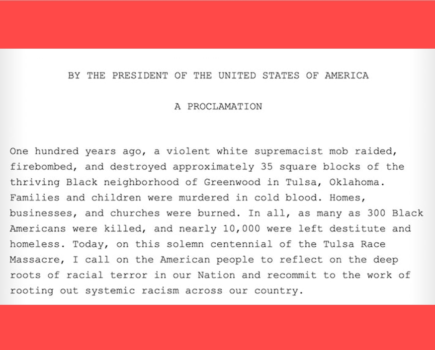 President Biden issues a statement in remembrance of the Tulsa racial massacre