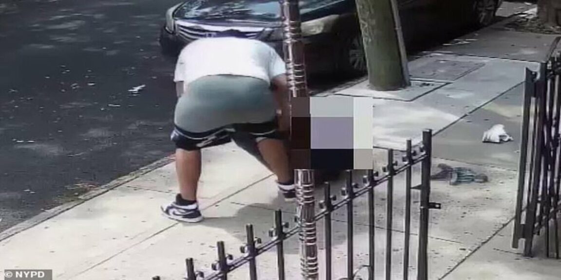 A street robber in New York City loses his pants as he struggles with his victim