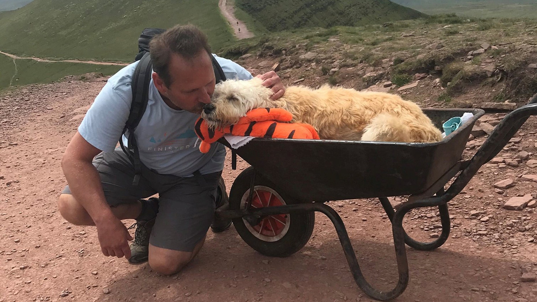 A man takes a dog dying of cancer for one last ride up a mountain in a wheelbarrow