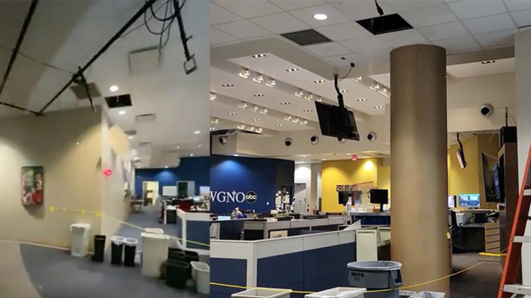 The local news crew was forced to flee when Hurricane Ida blew off the roof of their building