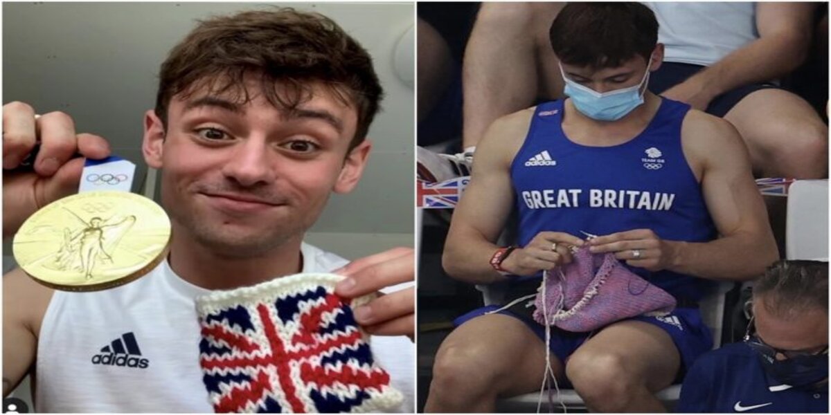 Olympic champion athlete Tom Daley knits while watching diving finals