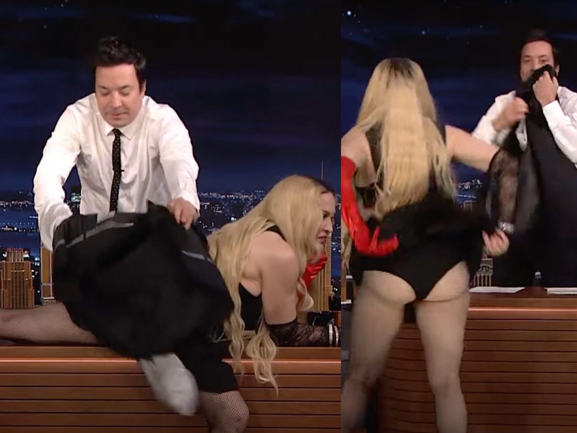 Madonna lifted her skirt on camera and laid down on Jimmy Fallon's table