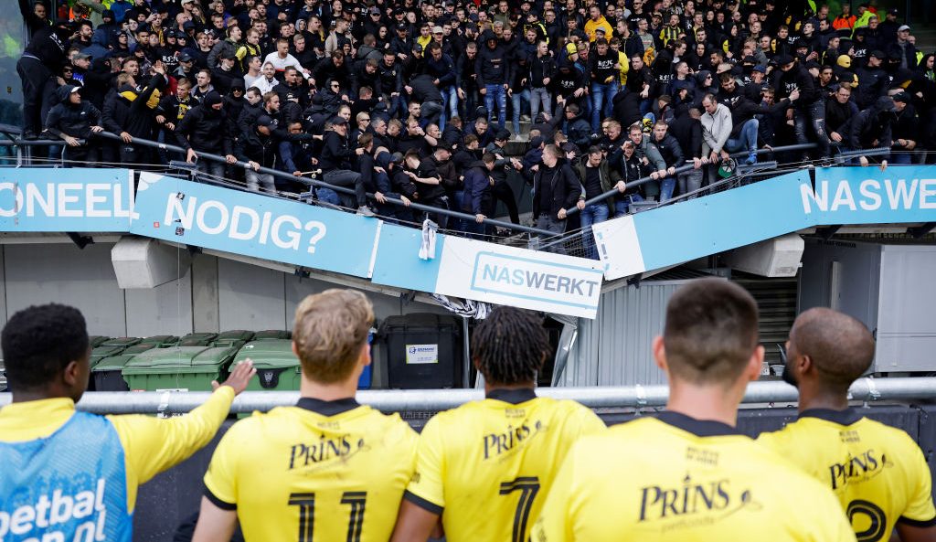 A group of soccer fans celebrated so loudly and boisterously that part of the stadium collapsed beneath them