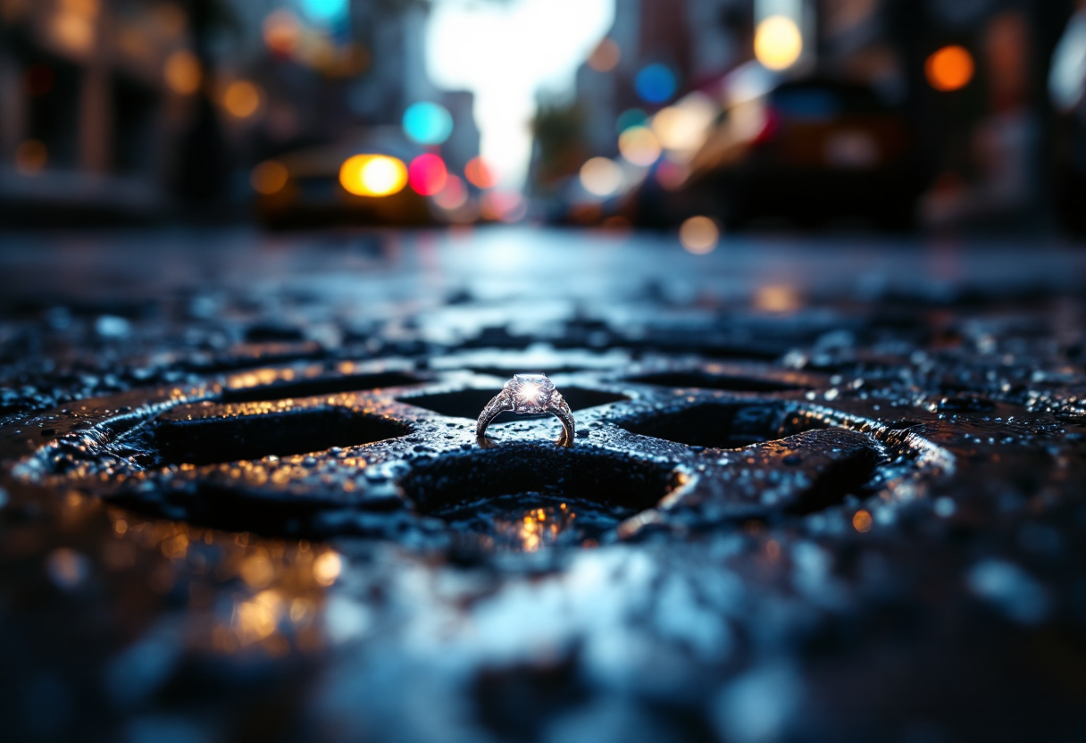 Couple retrieving engagement ring from storm drain