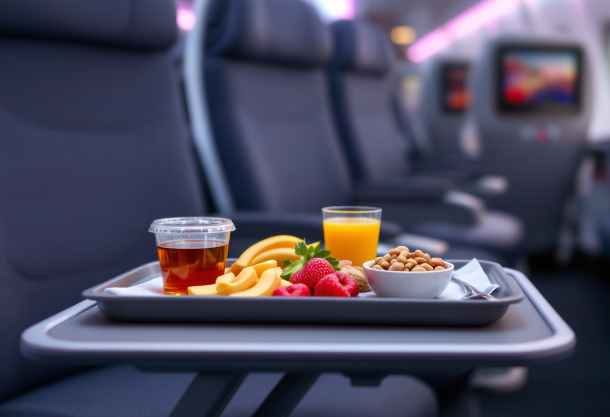 A passenger enjoying a meal on an airplane tray table