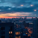Drones flying over Staten Island's skyline at dusk