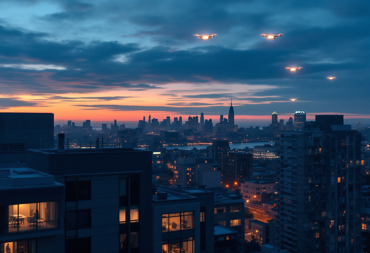 Drones flying over Staten Island's skyline at dusk
