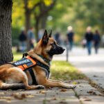 A service dog assisting a person in a public area
