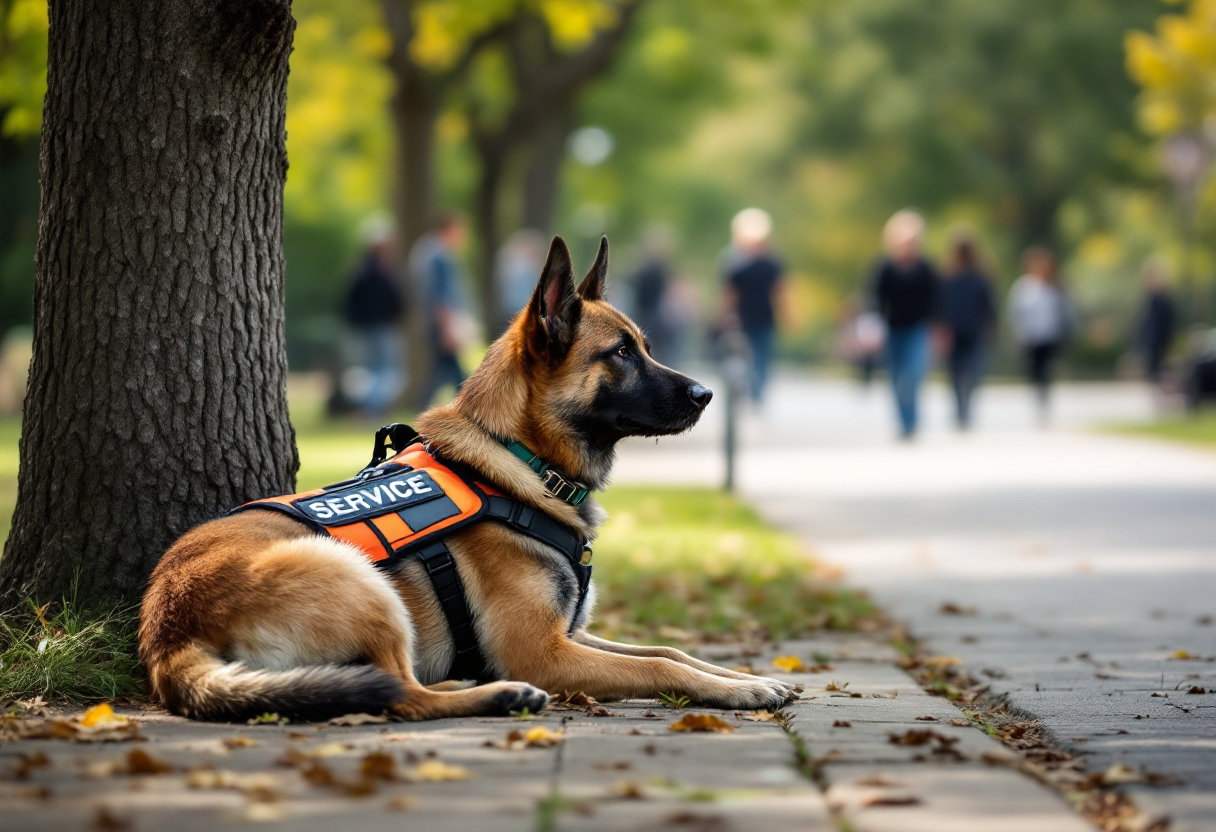 A service dog assisting a person in a public area
