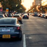 Tesla car with bumper stickers expressing political opinions
