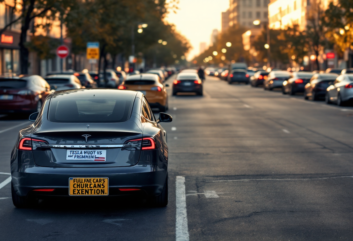 Tesla car with bumper stickers expressing political opinions
