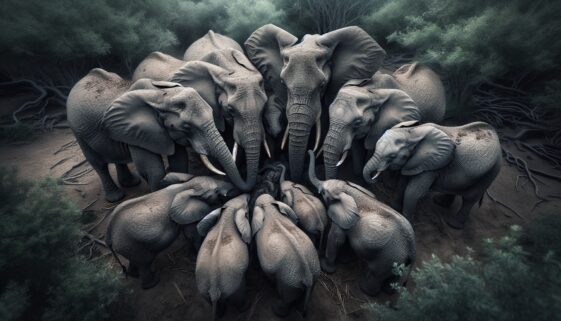 Elephants displaying instinctive behavior during an earthquake