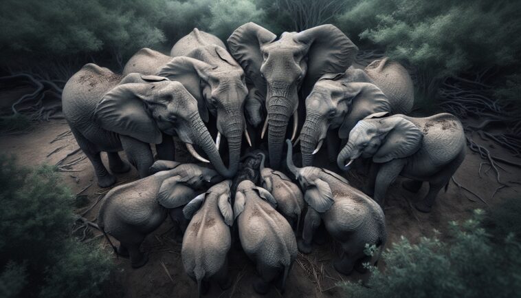 Elephants displaying instinctive behavior during an earthquake
