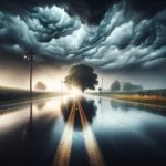 Car on a road during a lightning storm