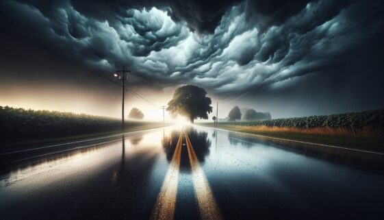 Car on a road during a lightning storm