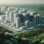 Nuclear power plant with cooling towers and blue sky