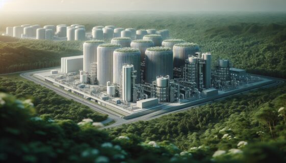 Nuclear power plant with cooling towers and blue sky