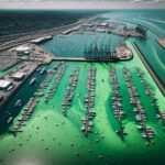 Green water in Long Island harbor due to sewage spill