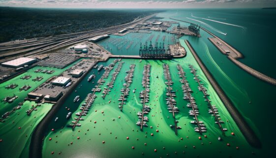 Green water in Long Island harbor due to sewage spill