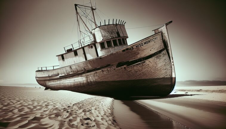 Unmanned shrimp boat on the beach in Florida