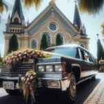 Bride arriving at wedding in a hearse, showcasing love story