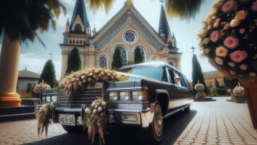Bride arriving at wedding in a hearse, showcasing love story