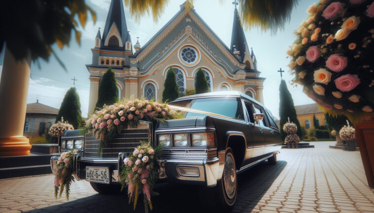 Bride arriving at wedding in a hearse, showcasing love story