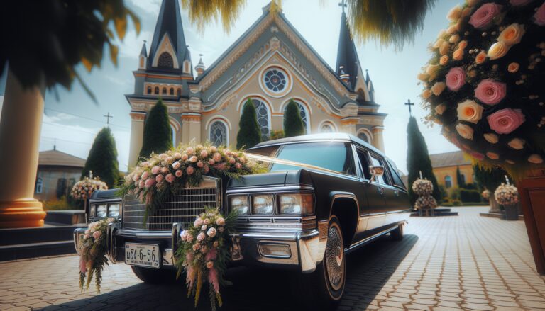 Bride arriving at wedding in a hearse, showcasing love story