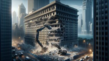 Immagine della demolizione dello Sheraton Crossroads Hotel