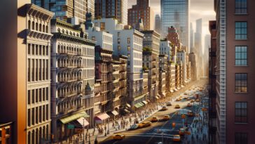 New York City skyline with traffic congestion