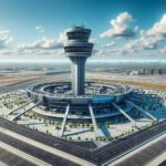 Modern air traffic control tower overseeing flights