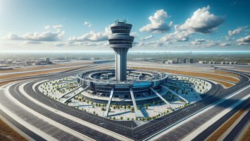 Modern air traffic control tower overseeing flights