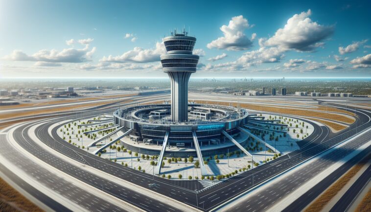 Modern air traffic control tower overseeing flights