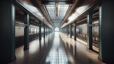 Security guard monitoring subway fare evaders in NYC