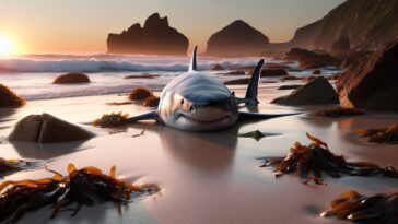 A stranded great white shark on an Australian beach