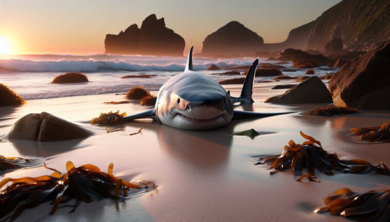 A stranded great white shark on an Australian beach