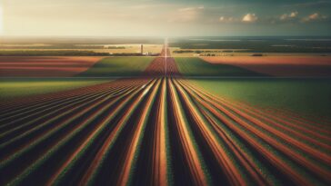 Texas flag with a backdrop of farmland and security symbols