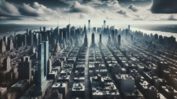 Air quality alert in New York City with skyline view