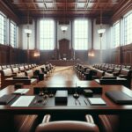 Strategic courtroom scene during a high-profile trial